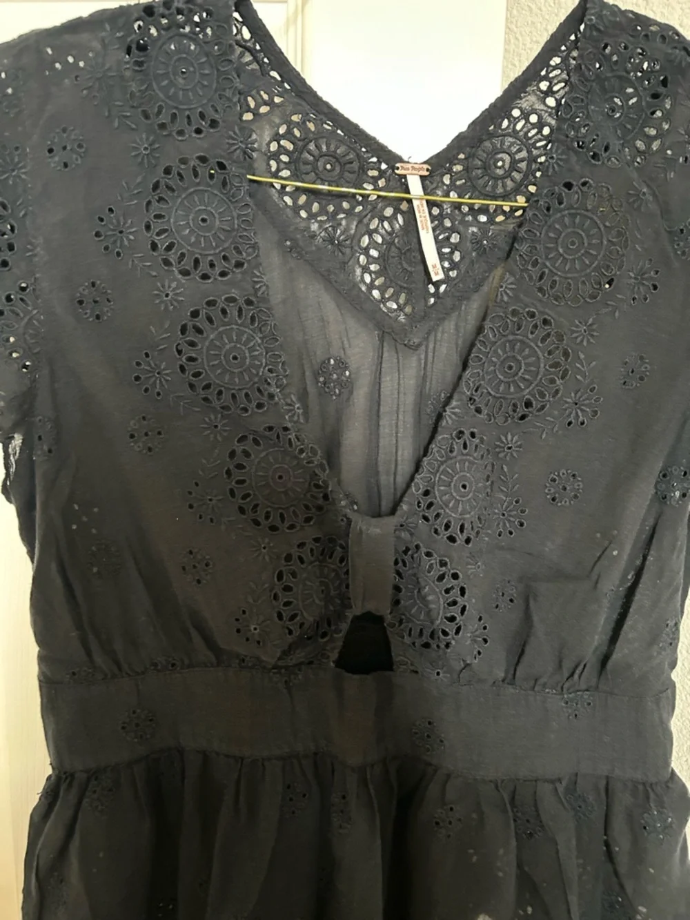 Free People Black Eyelet Peplum V-Neck Blouse